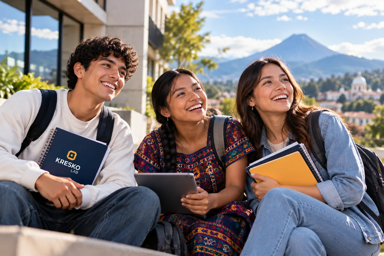 Tres estudiantes sonrientes con cuadernos, sentados al aire libre frente a la ciudad y un volcán