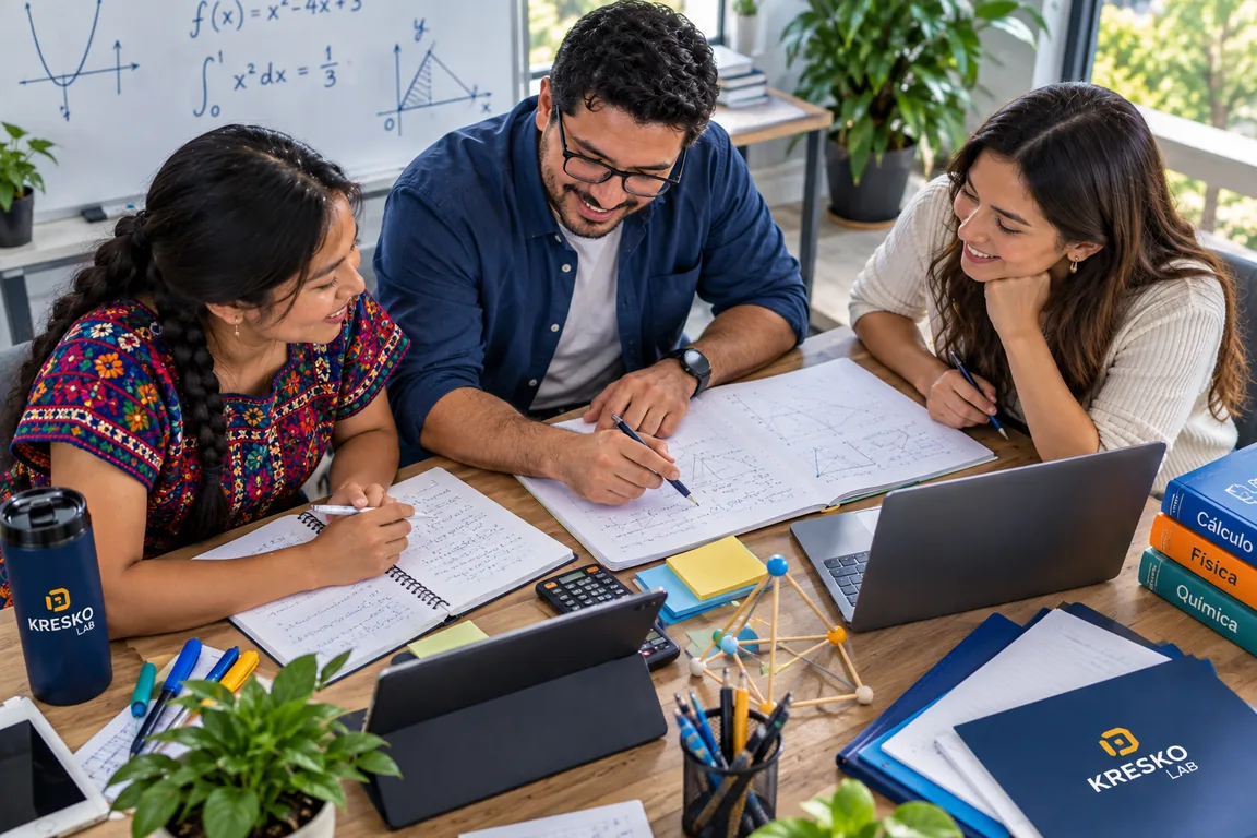 Tres docentes trabajando juntos alrededor de una mesa con cuadernos, calculadora y un modelo geométrico