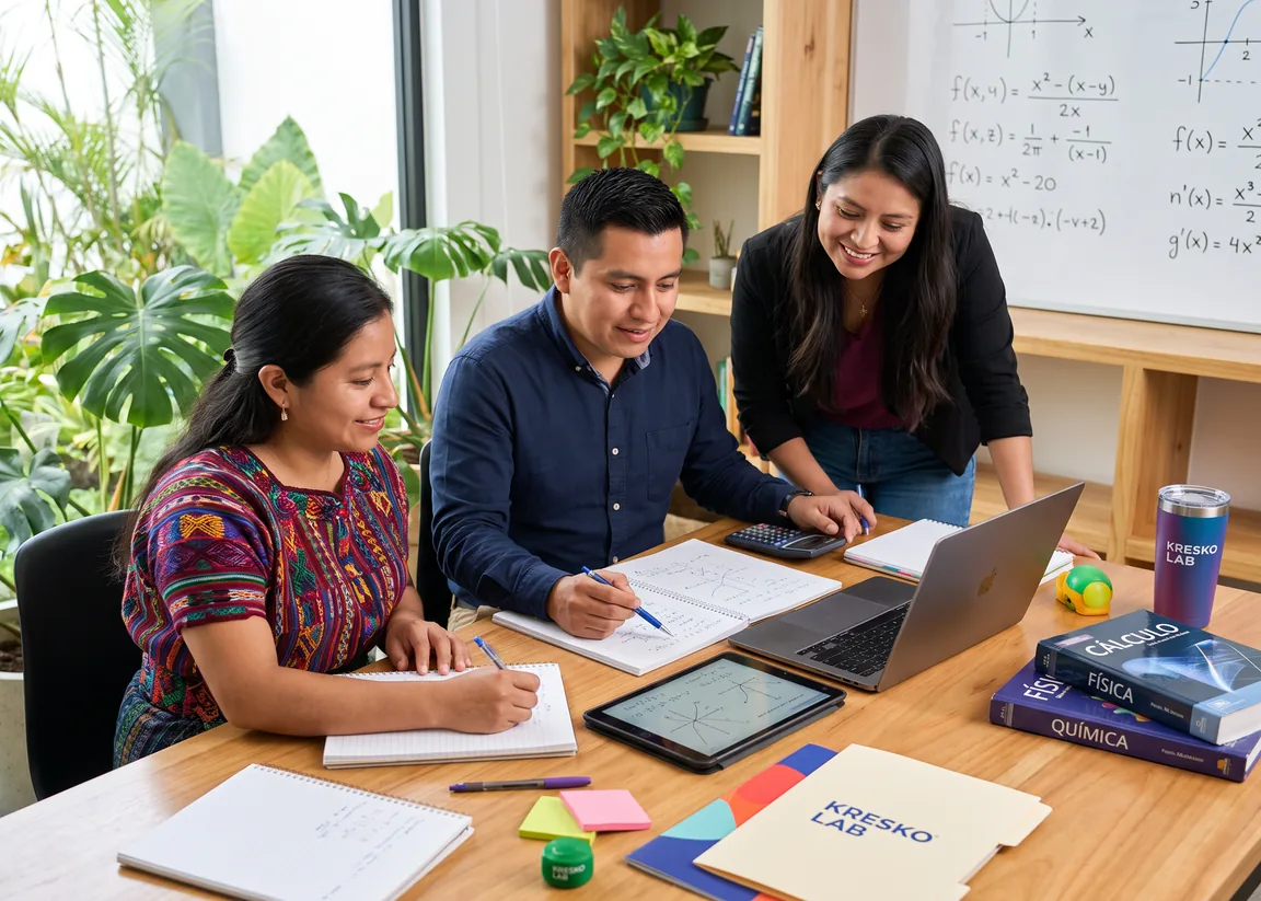 Tres docentes trabajan juntos en una mesa con cuadernos, tableta, laptop y materiales de KRESKO LAB