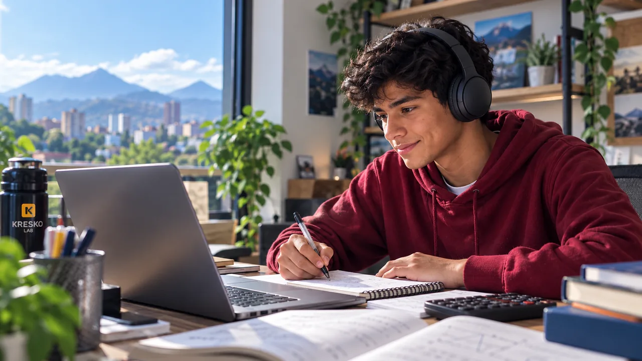Estudiante con audífonos tomando notas mientras sigue su clase en línea