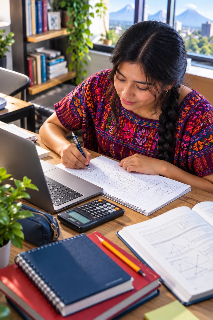Estudiante resolviendo ejercicios de matemática en su cuaderno, con calculadora y laptop