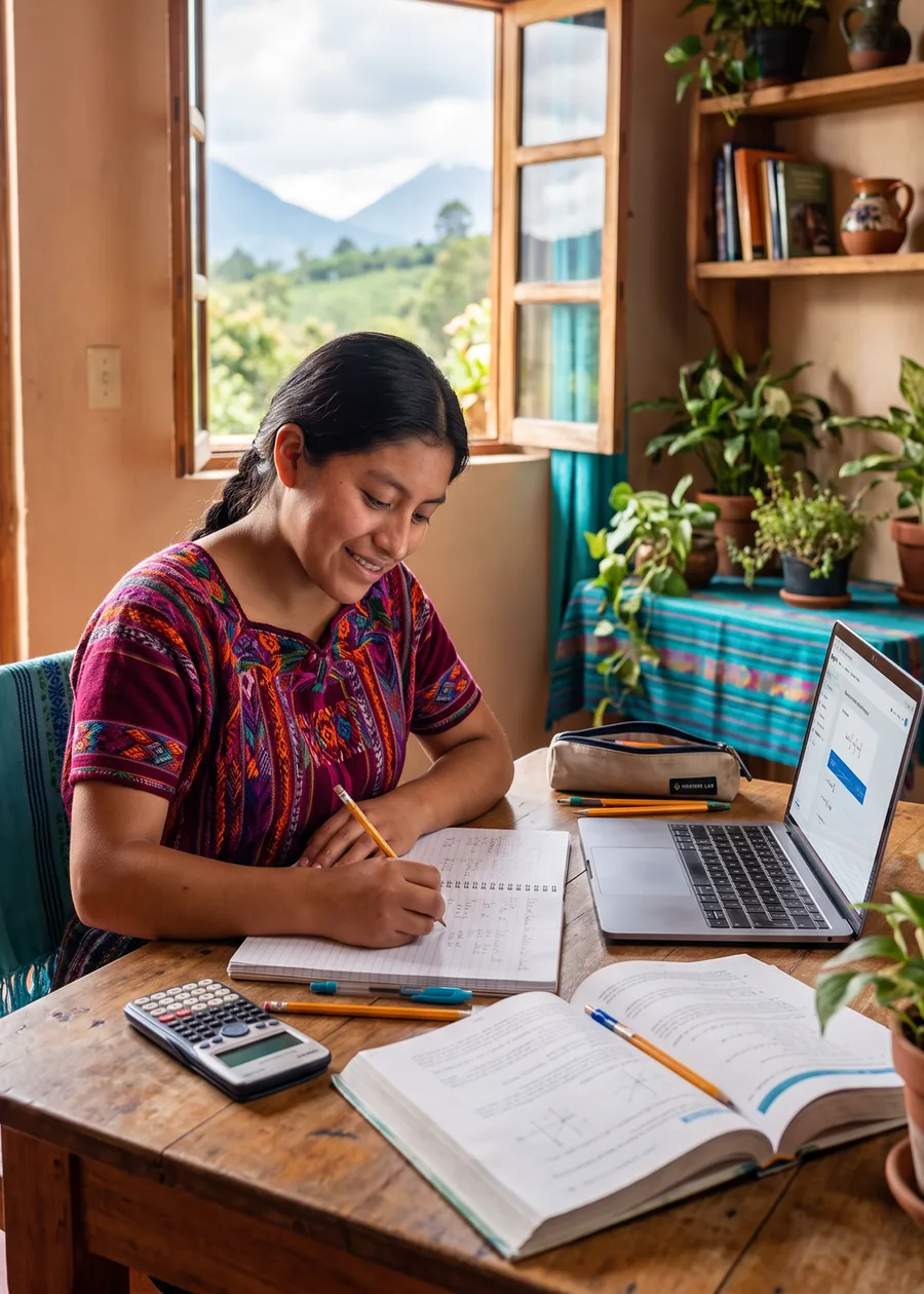 Estudiante con huipil resuelve ejercicios en su cuaderno, con calculadora, libro y laptop, junto a una ventana con vista a las montañas